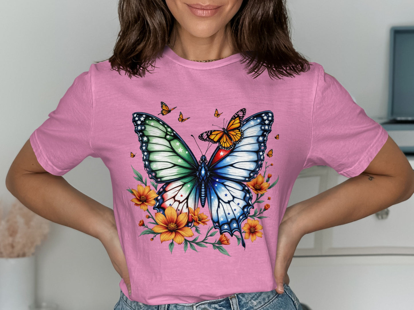 Vibrant Butterfly and Floral Print Graphic T-Shirt product