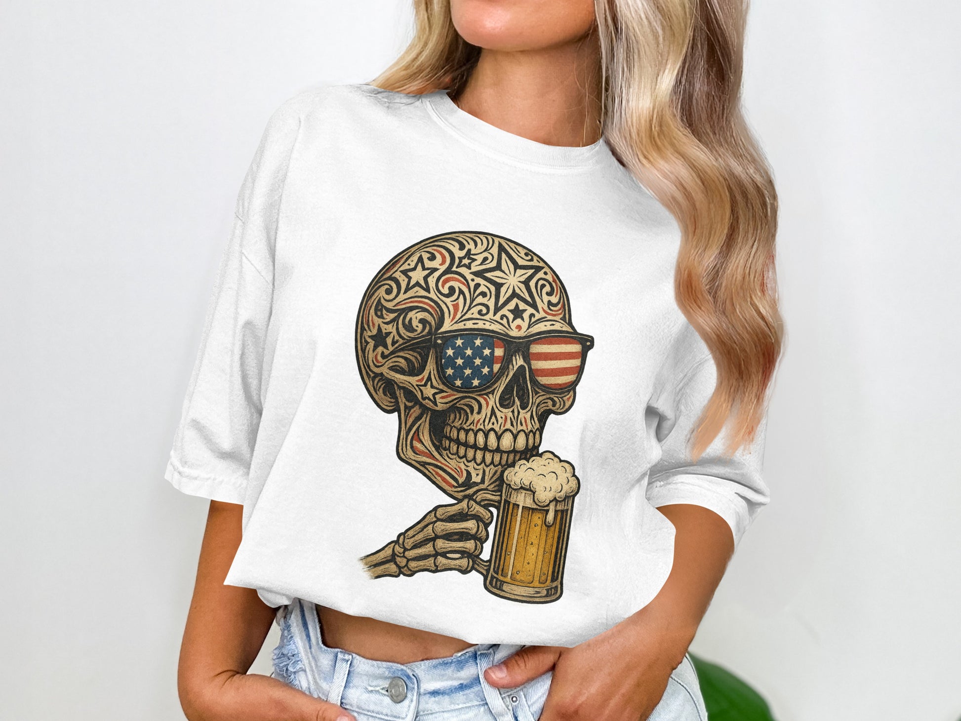 Skull with American Flag Glasses Drinking Beer product type