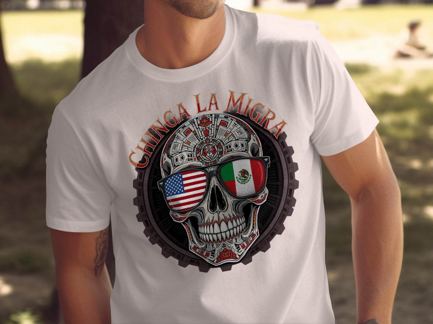 Chinga La Migra Skull With Flags Graphic T-Shirt product