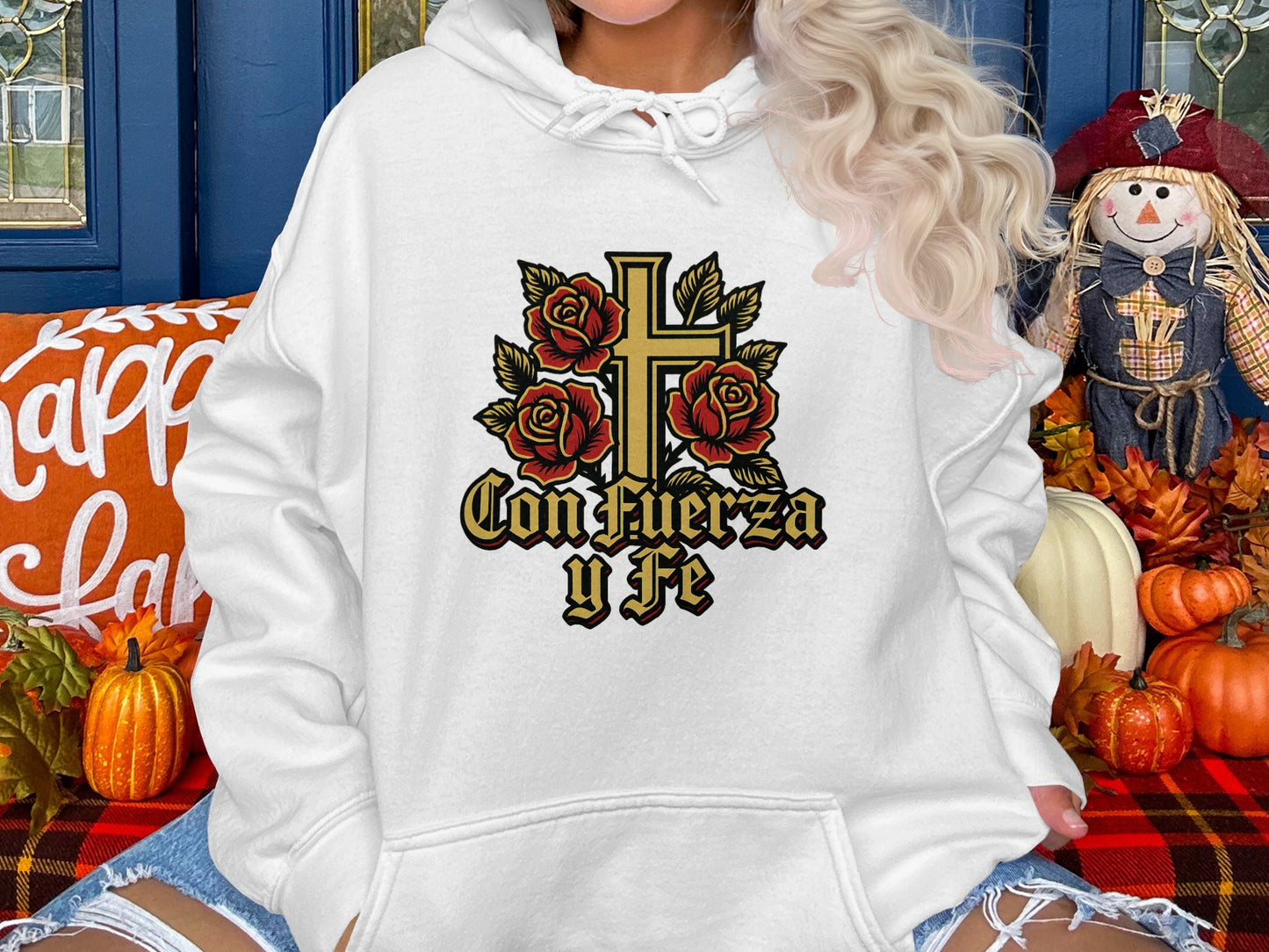 Con Fuerza Y Fe Hoodie with Floral Cross product type