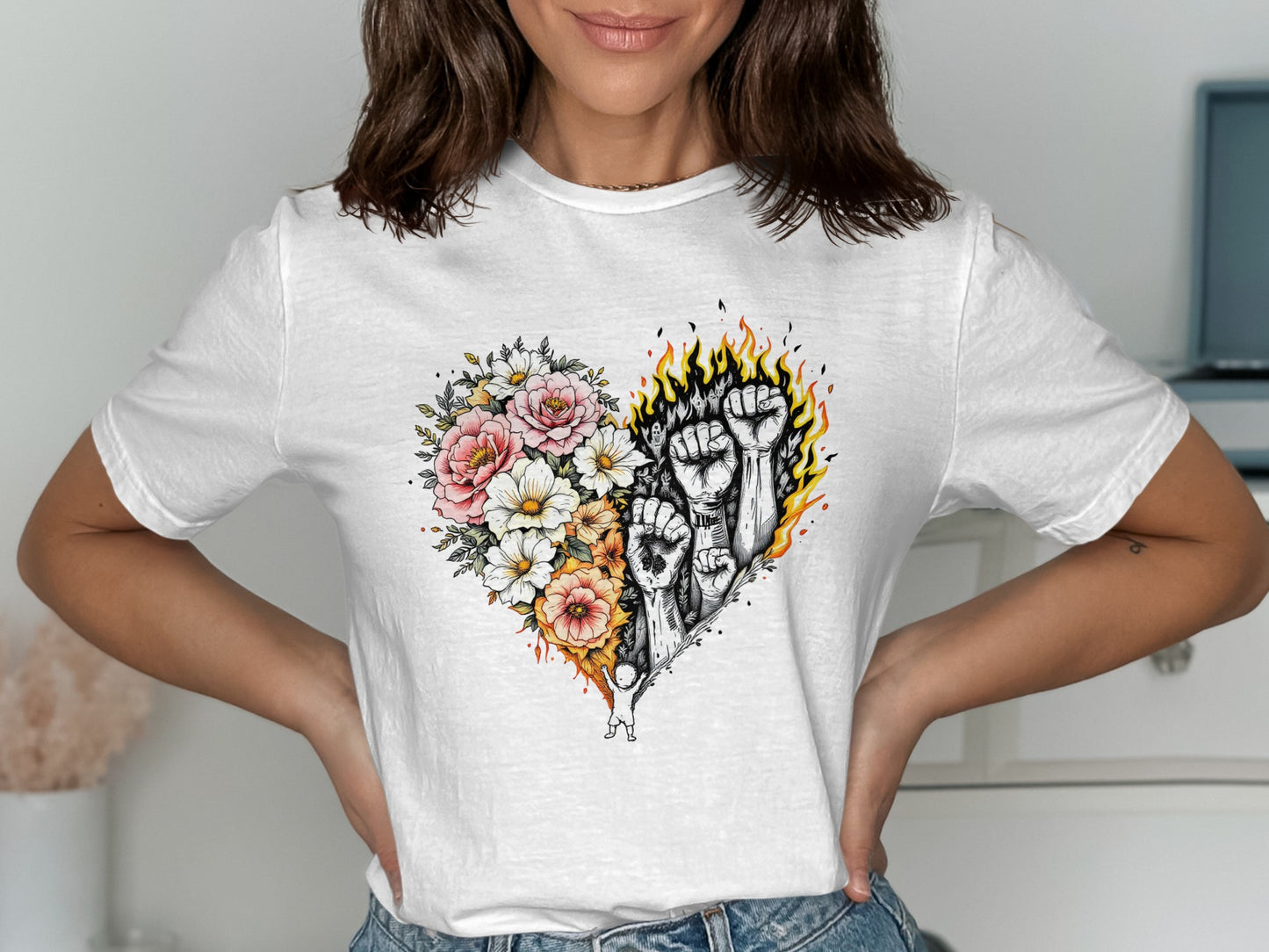 Heart Shape Floral and Fists Graphic on T-shirt product