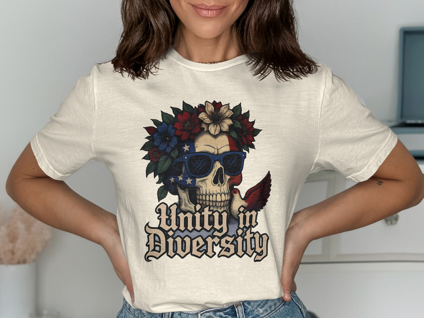 Unity in Diversity Skull and Flowers Art T-shirt product