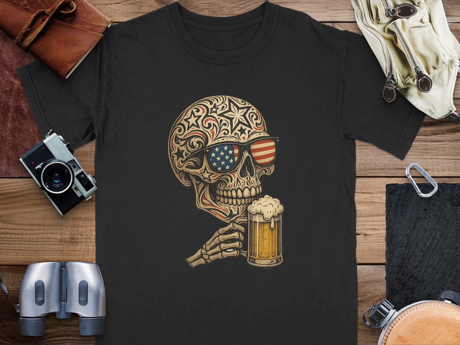 Vintage Patriotic Skull with Beer Graphic T-Shirt product type