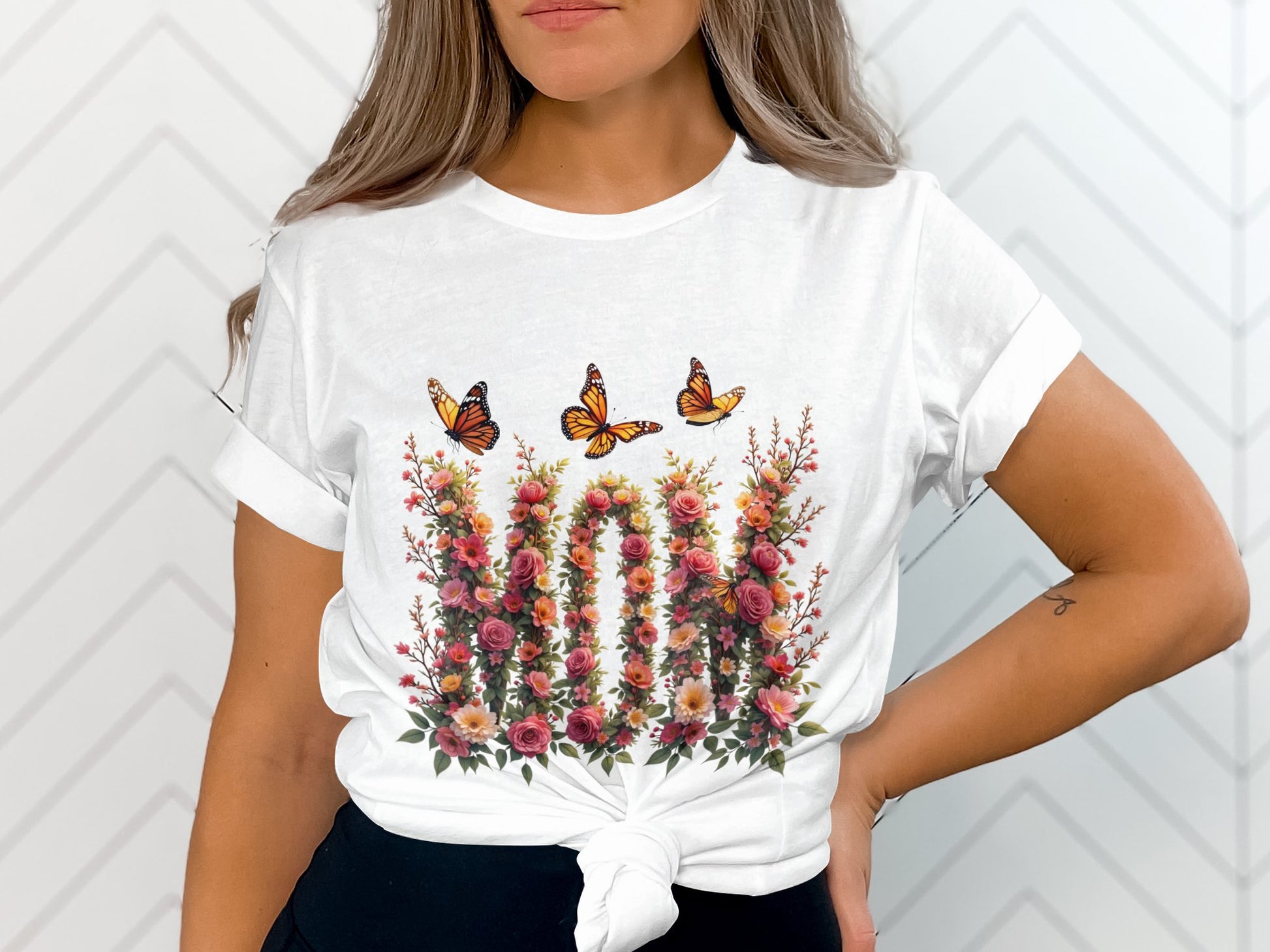 Butterfly and Floral Print White Tee product type