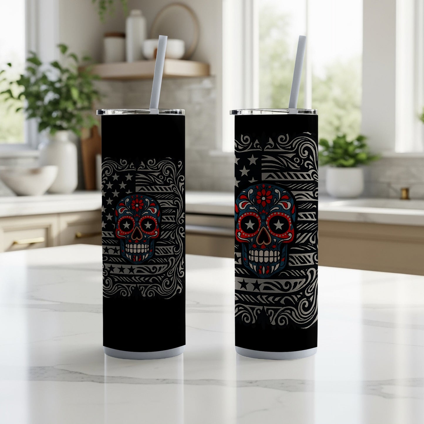 Festive sugar skull design black tumbler product