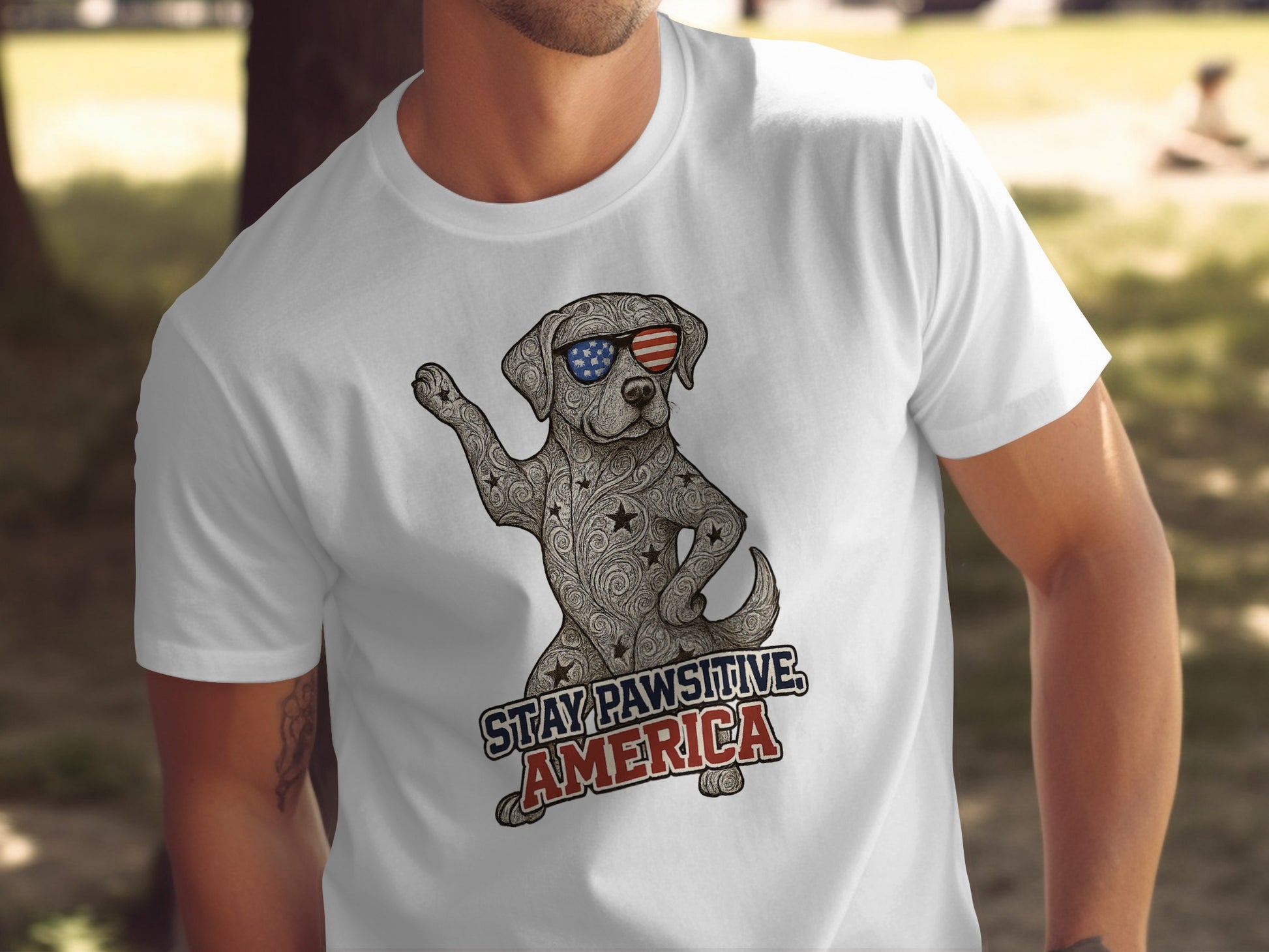 Stay Pawsitive America Patriotic Dog Graphic T-Shirt product