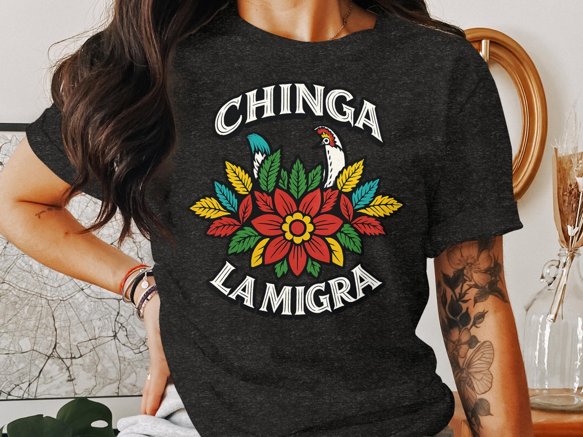 Chinga La Migra Flower and Bird Pattern T-shirt product
