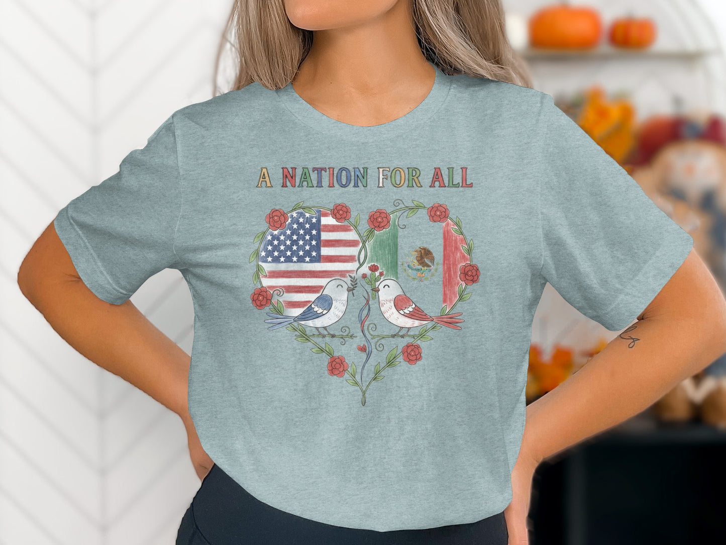A Nation for All USA and Mexico Flag Print Shirt product