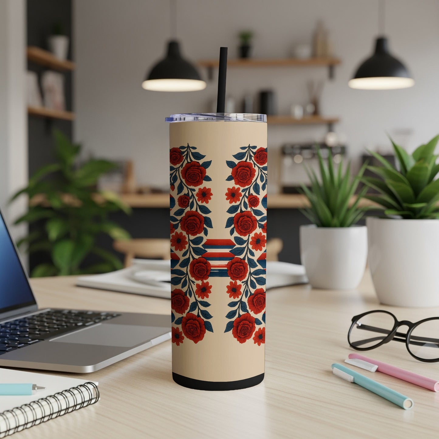 Floral Red Roses Tumbler with Straw Product