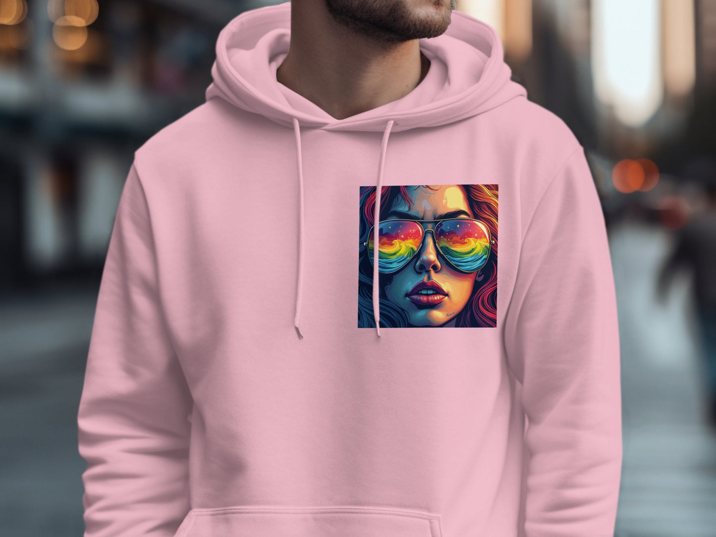 Vibrant Sunglasses Artwork on Pink Hoodie product