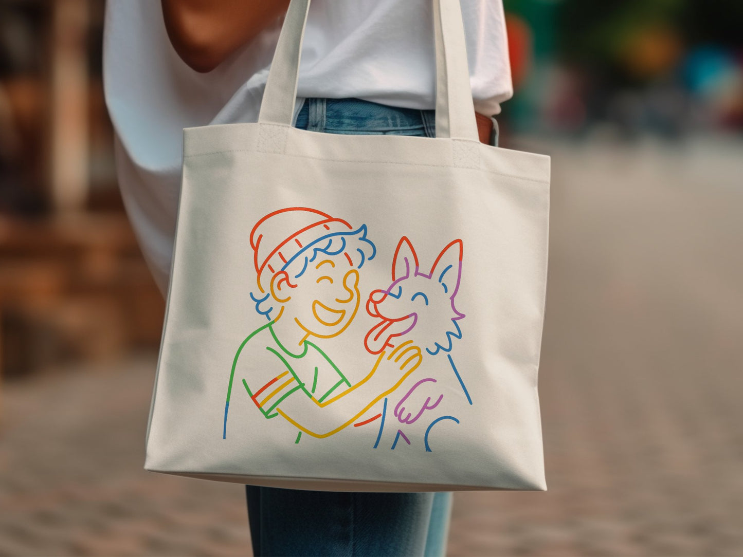 Colorful Illustration of Person with Dog tote bag product type