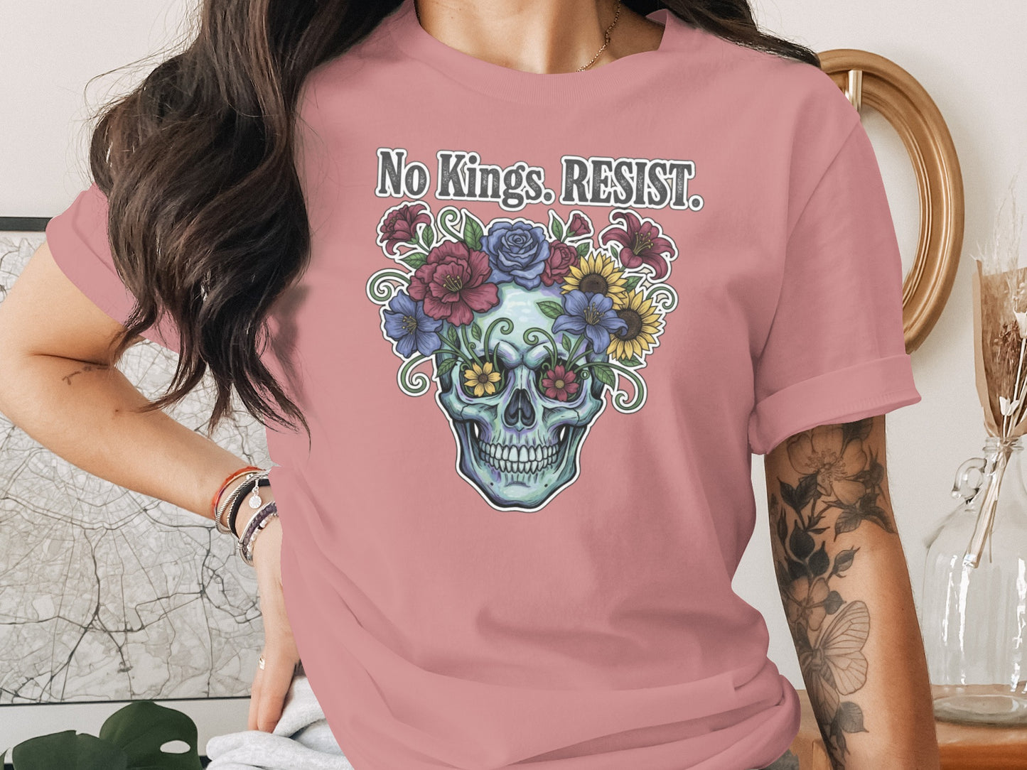 No Kings RESIST Skull Floral Print Graphic Shirt product type