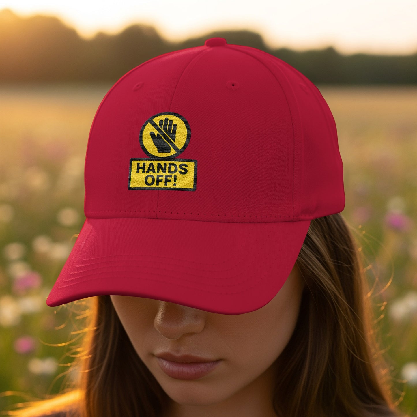 Hands Off! Embroidered Red Baseball Cap product