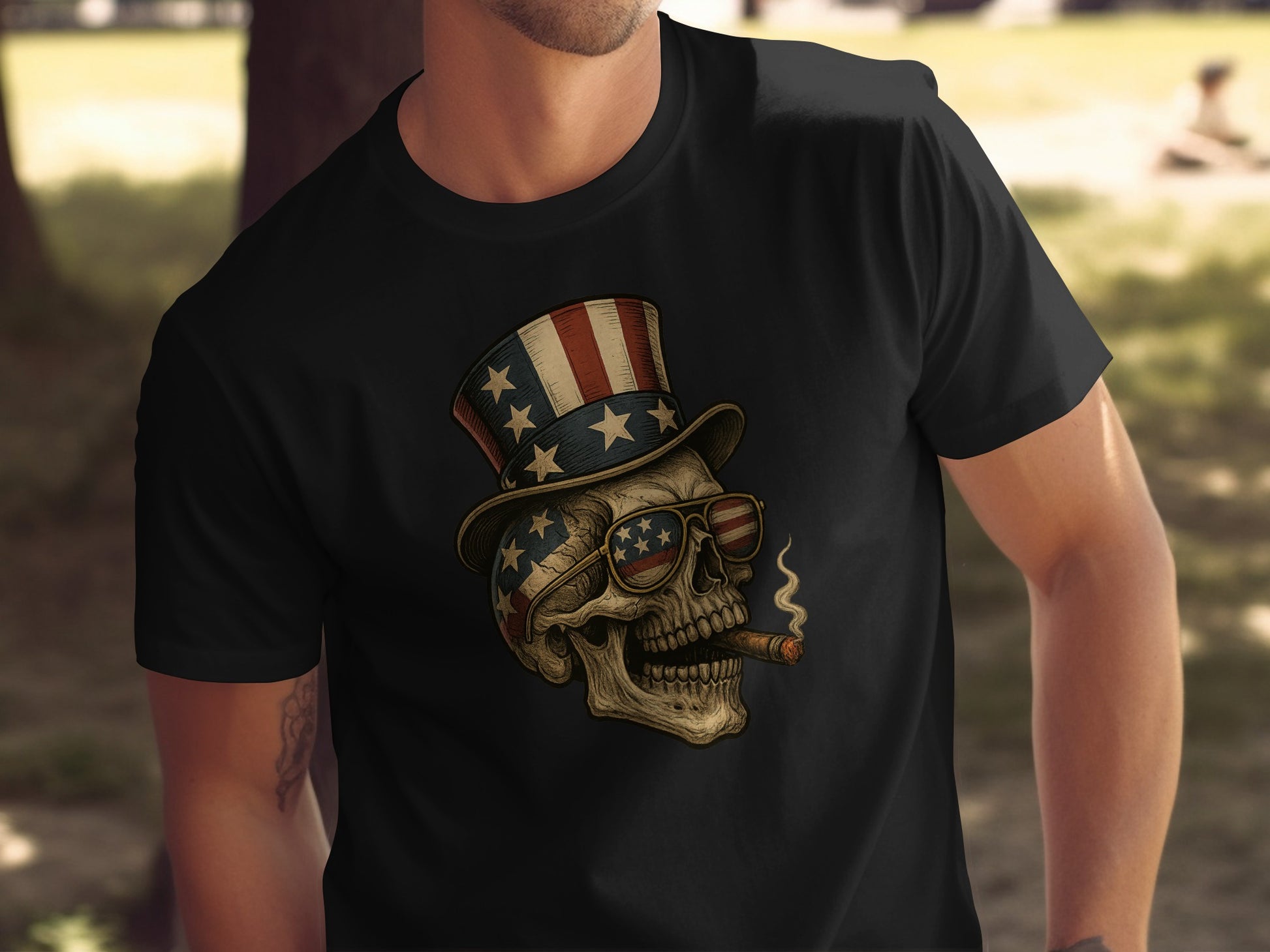 Patriotic Skull with Cigar Graphic Tee Shirt product type