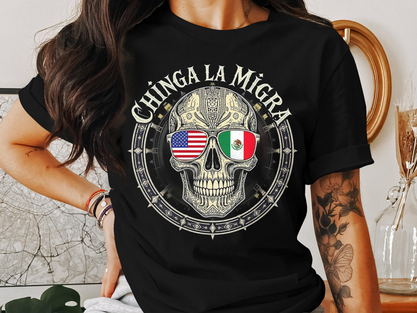 Chinga La Migra Skull Flag Design Graphic T-Shirt product