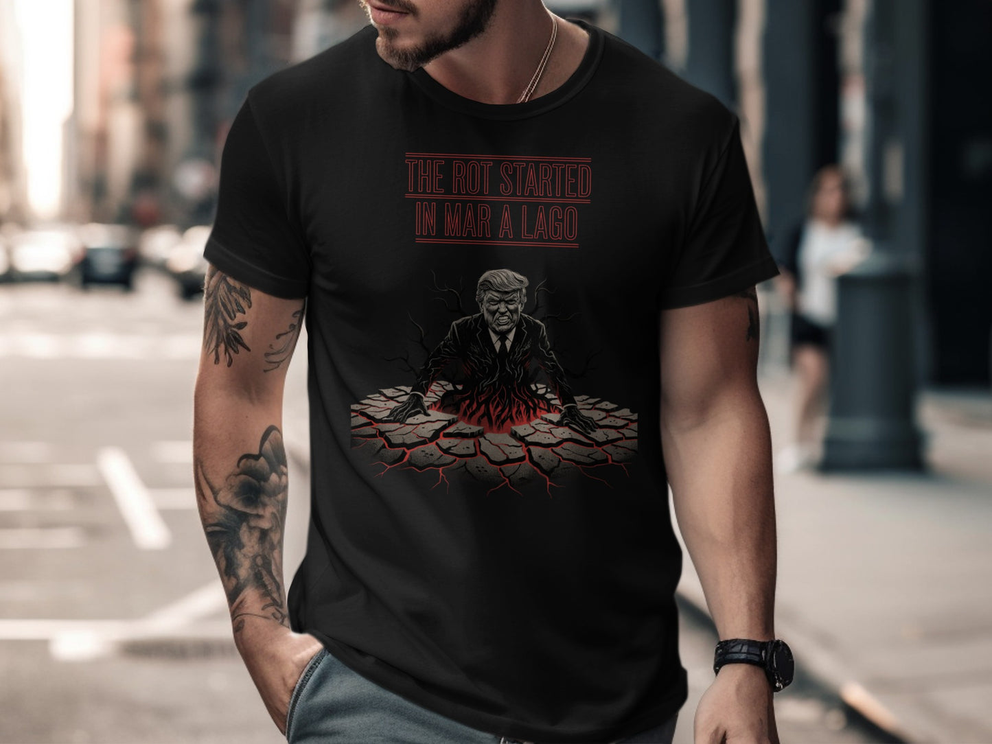 Black t-shirt with graphic of Trump rising from cracked ground with text "THE ROT STARTED IN MAR-A-LAGO".