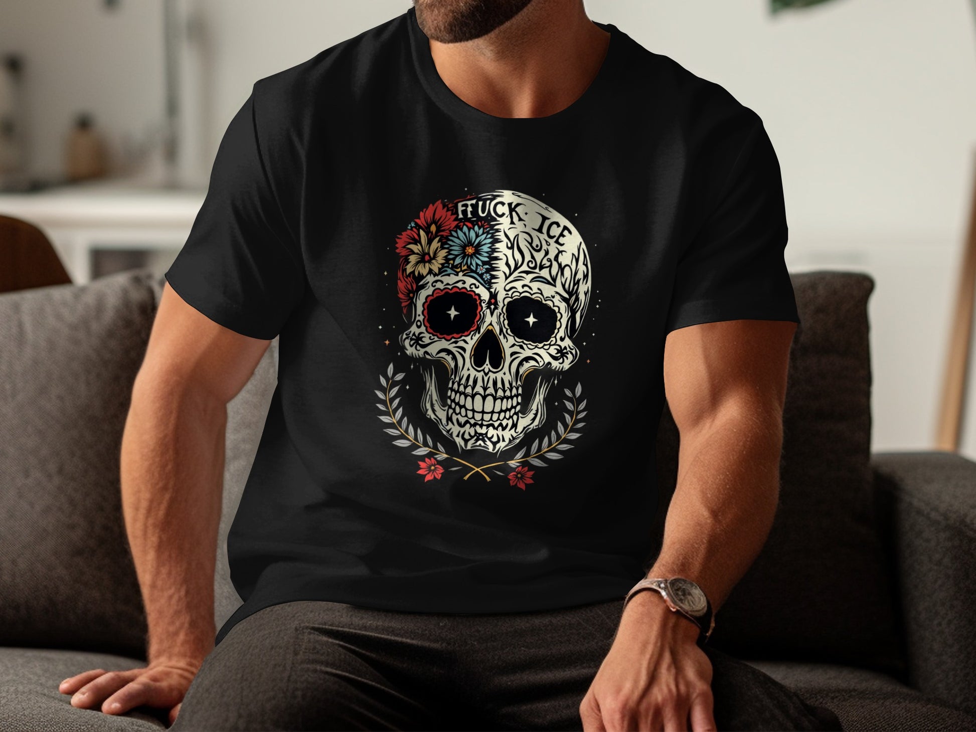 Floral Skull Graphic Design on Black Shirt product
