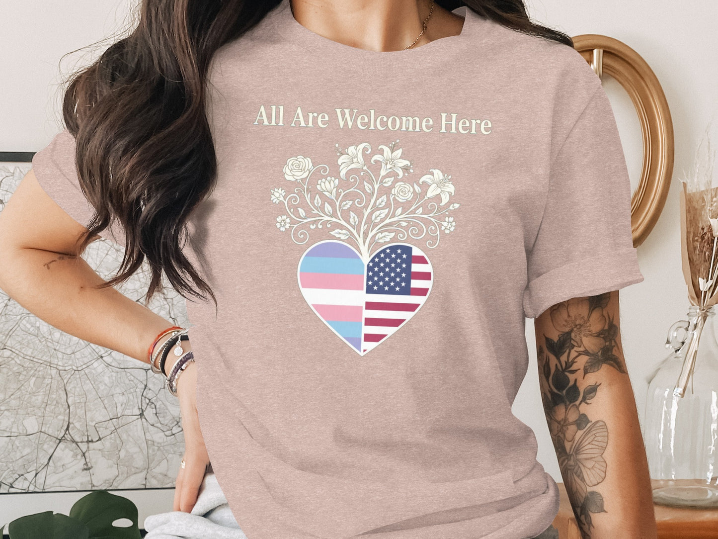 All Are Welcome Here Heart Graphic T-Shirt product