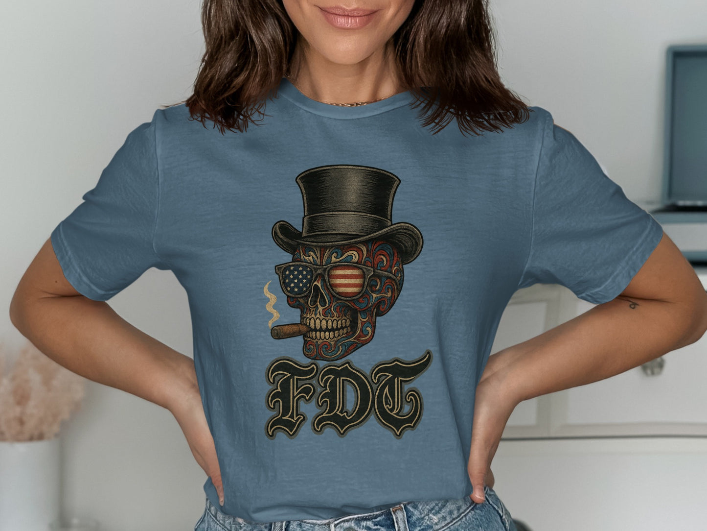 Patriotic Skull Top Hat American Flag T-Shirt product