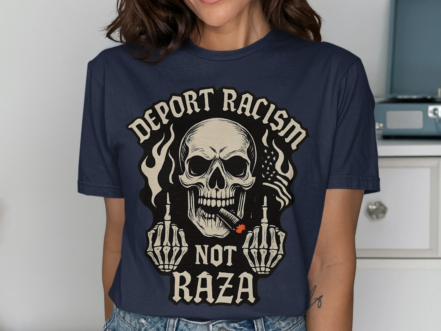 Deport Racism Not Raza Skull Graphic T-Shirt product