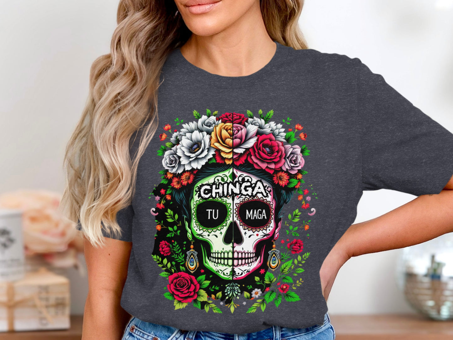 Skull with Floral and Eye Patch Design Shirt product