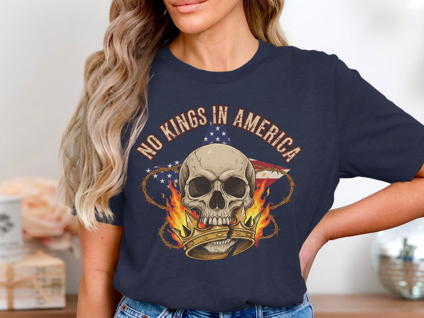 No Kings In America Skull and Flames Apparel