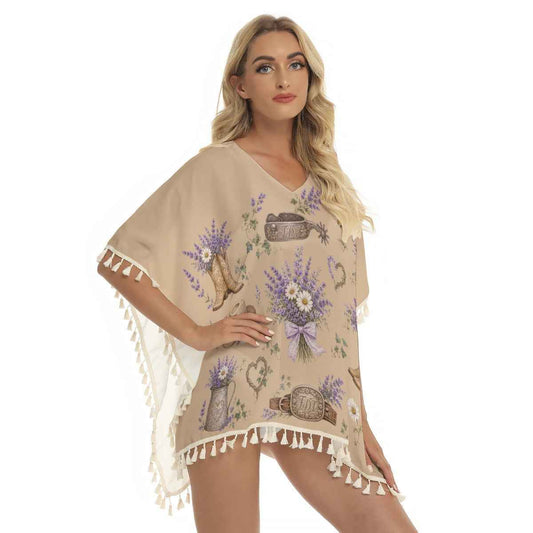 Country Theme Subtle FDT Poncho Beach Cover Up, Women's Square Fringed Shawl
