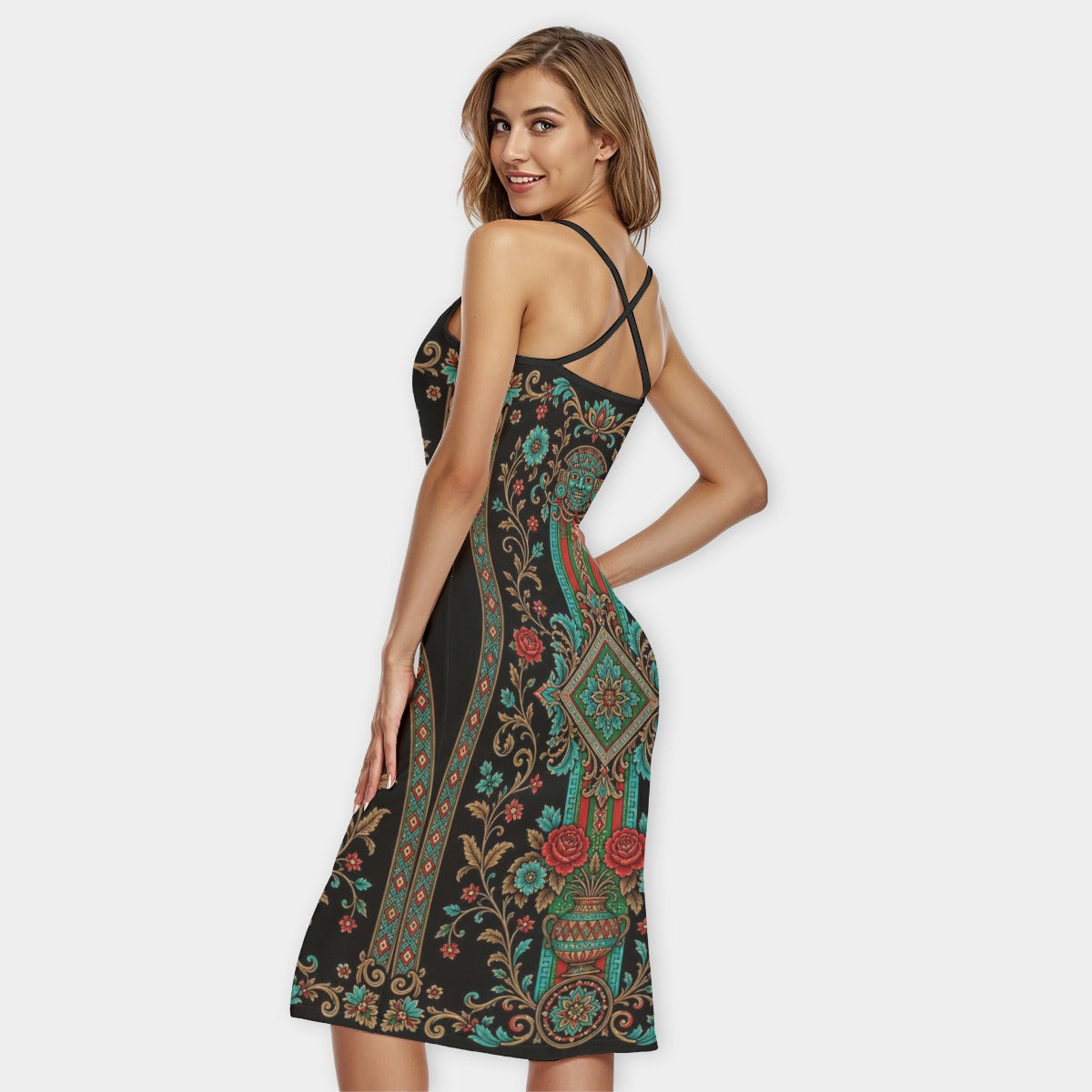 All-Over Print Women's Bodycon Spaghetti Strap Midi Dress