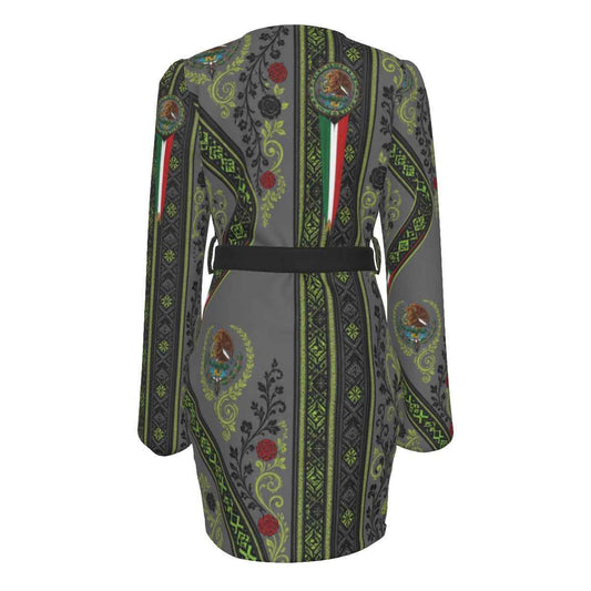 All-Over Print Women's Long Sleeve Dress With Waist Belt