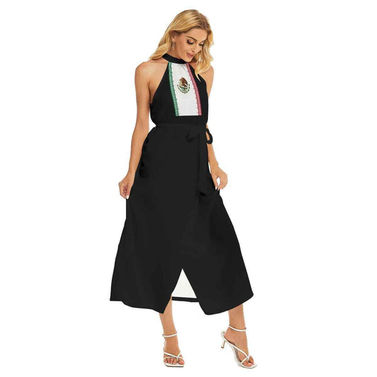 All-Over Print Women's Wrap Hem Belted Halter Dress