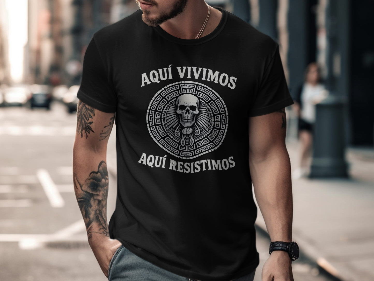 Aquí Vivimos Aquí Resistimos Skull Print T-shirt product type