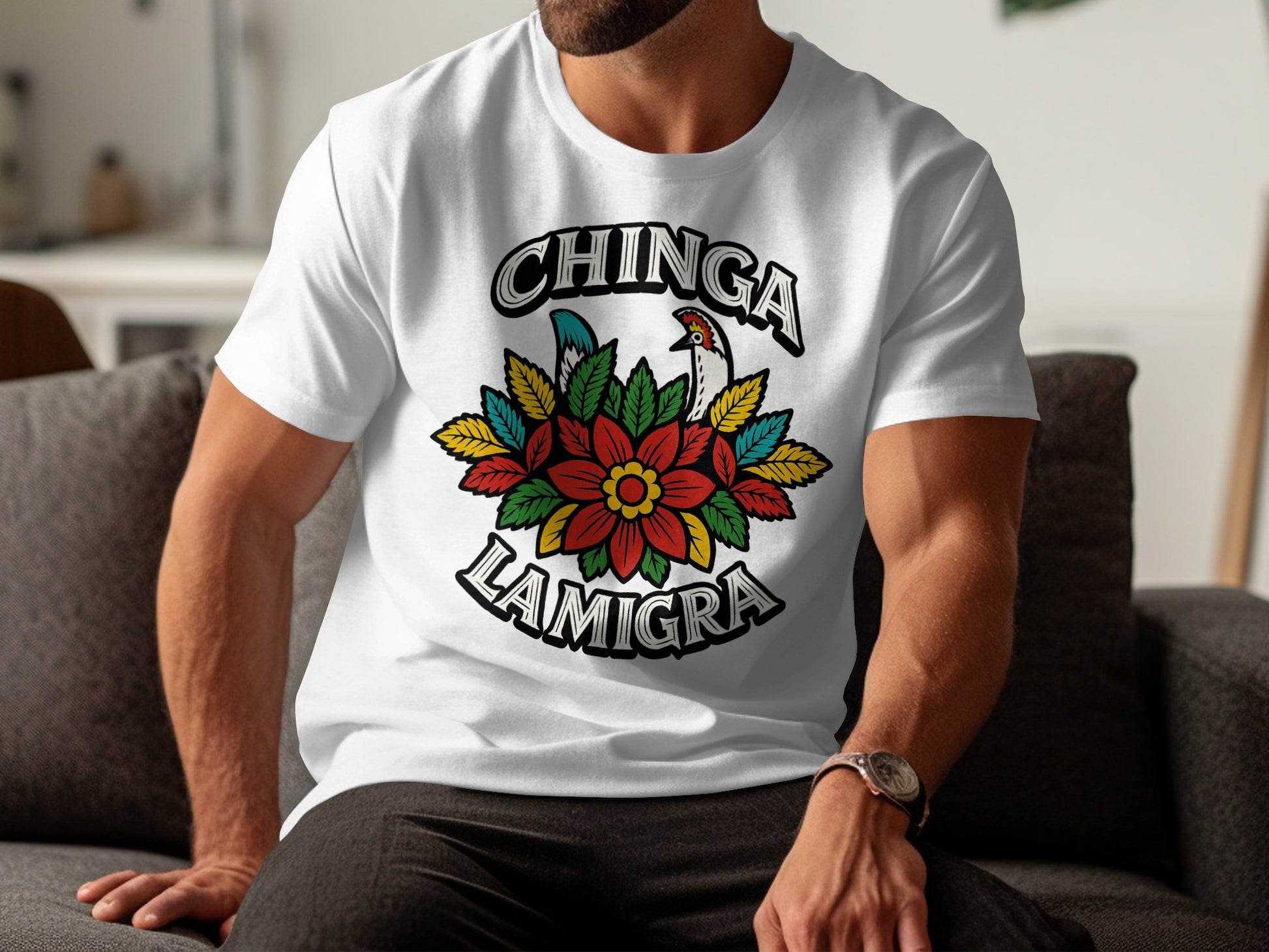 Vibrant Floral Chinga La Migra Art T-Shirt product