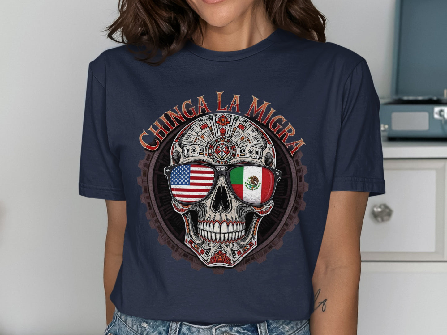 Chinga La Migra Skull with Flags Design T-shirt product