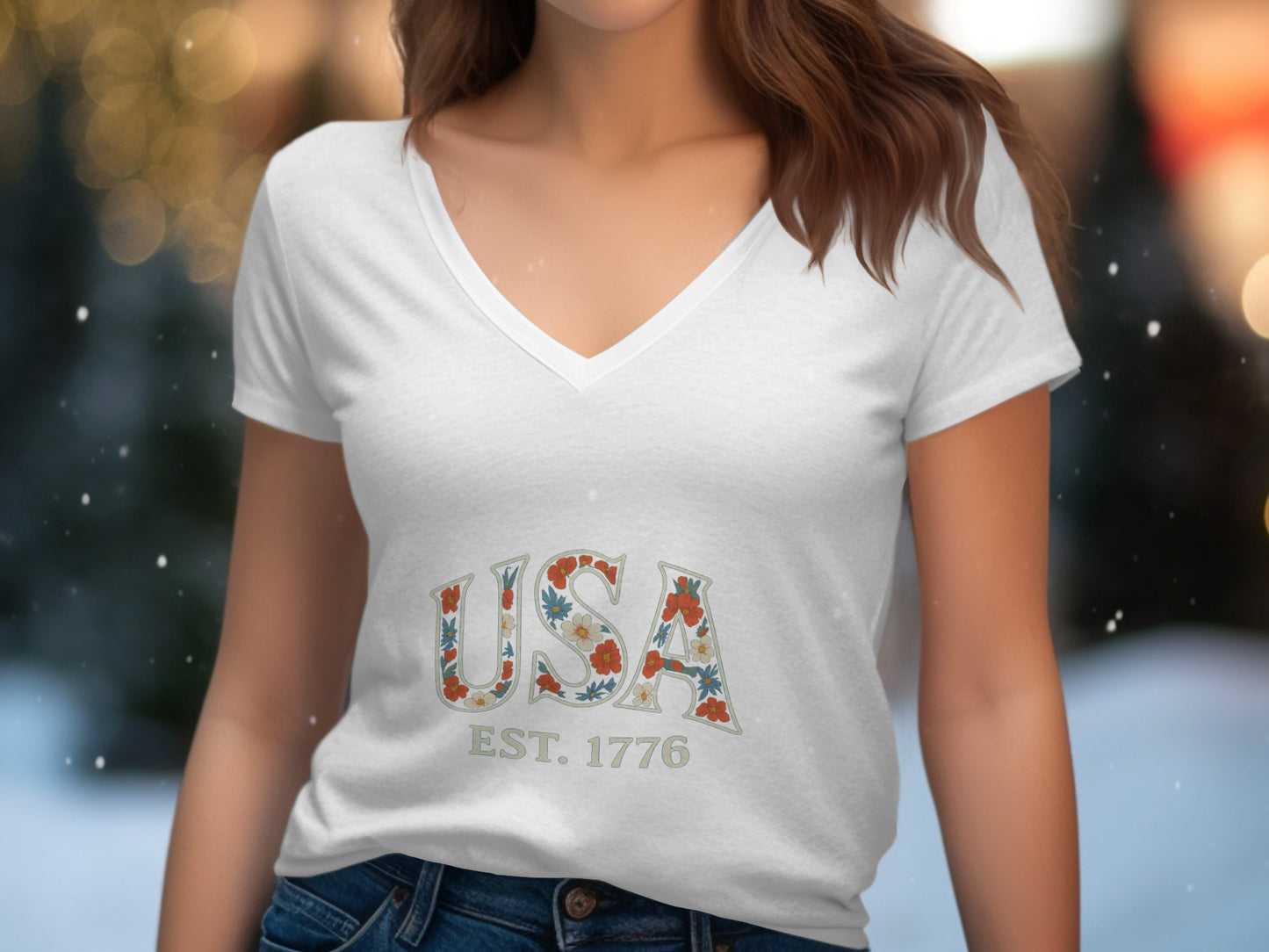 USA EST 1776 Patriotic Graphic V-Neck Tee product