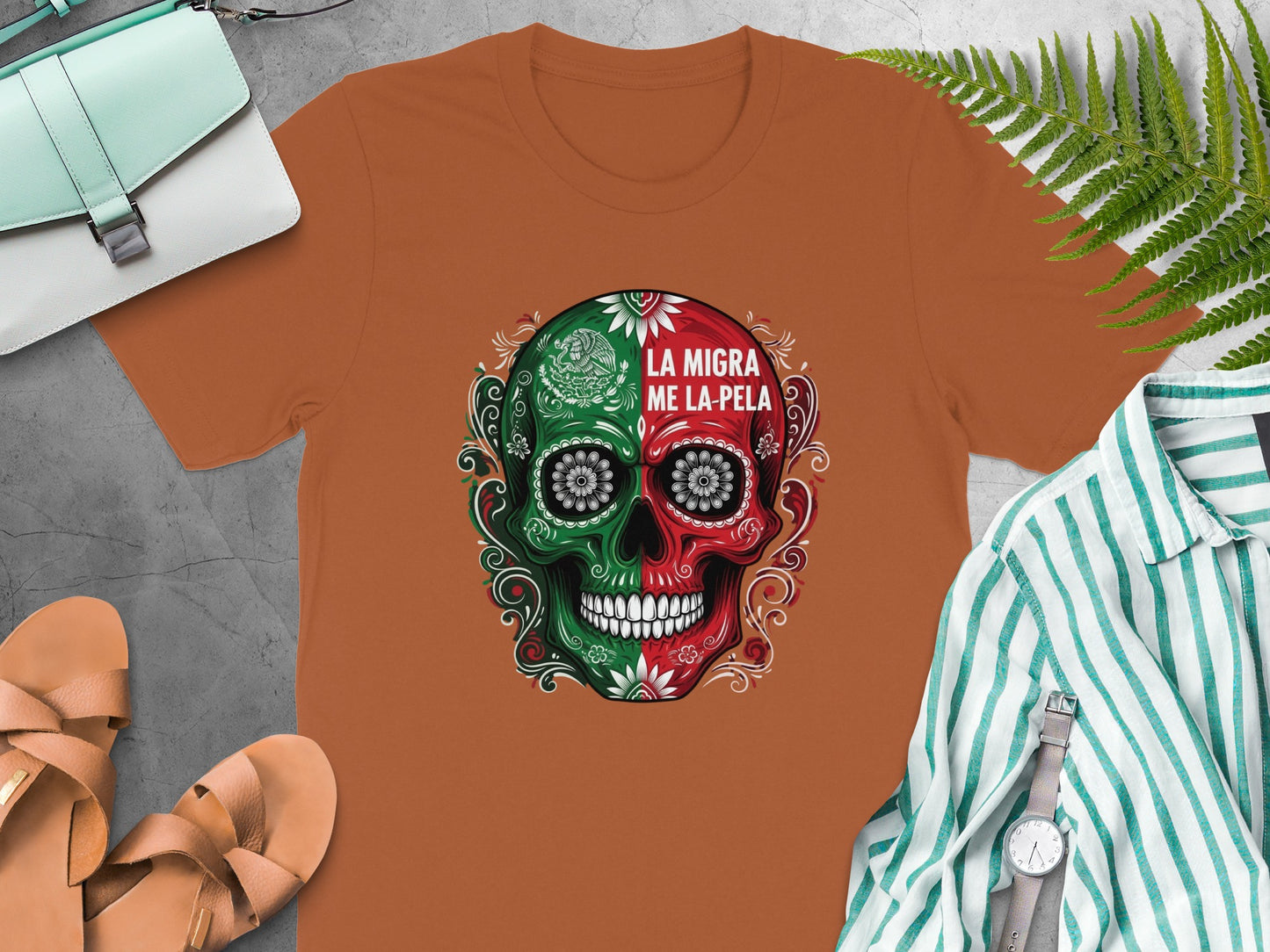 La Migra Me La Pela Colorful Skull Graphic Shirt product