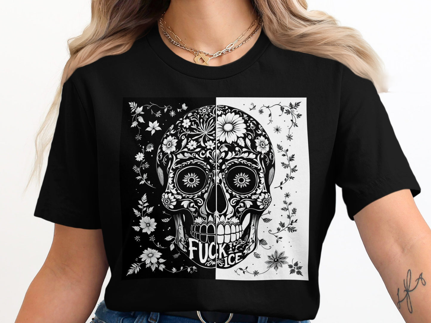 Floral Skull Art Bicolor Graphic Tee Shirt product type