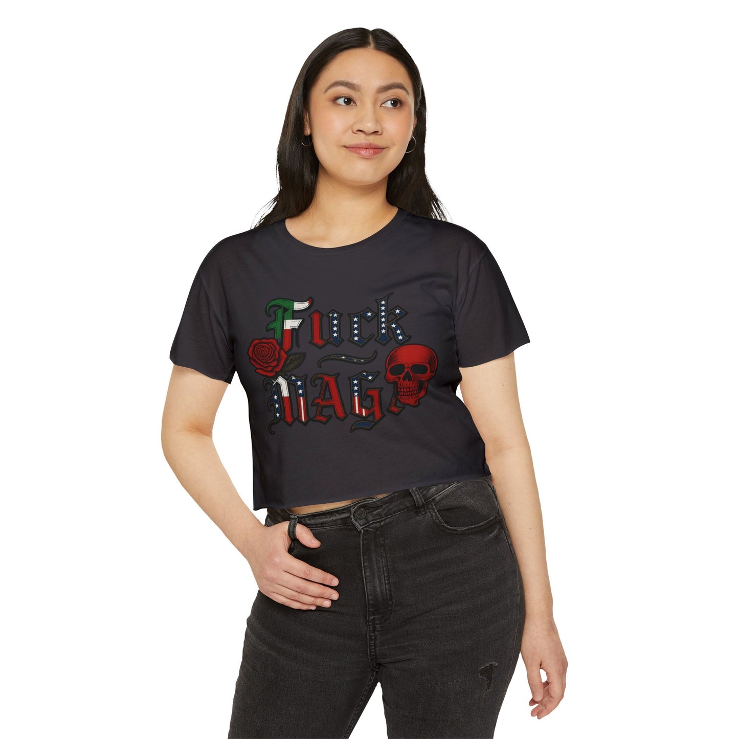 Crop Top Anti Trump FDT - Women's Festival Crop Top with Skull and Rose Design, Edgy Crop Tee, Summer Fest Outfit, Alternative Style Top, Concert Attire