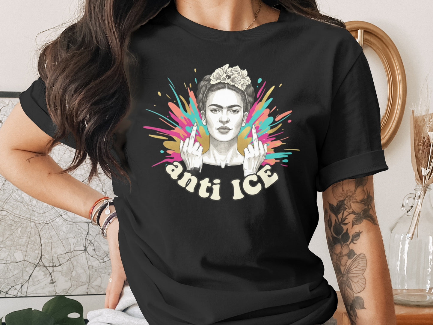 Colorful Anti ICE Graphic Art on Black Shirt