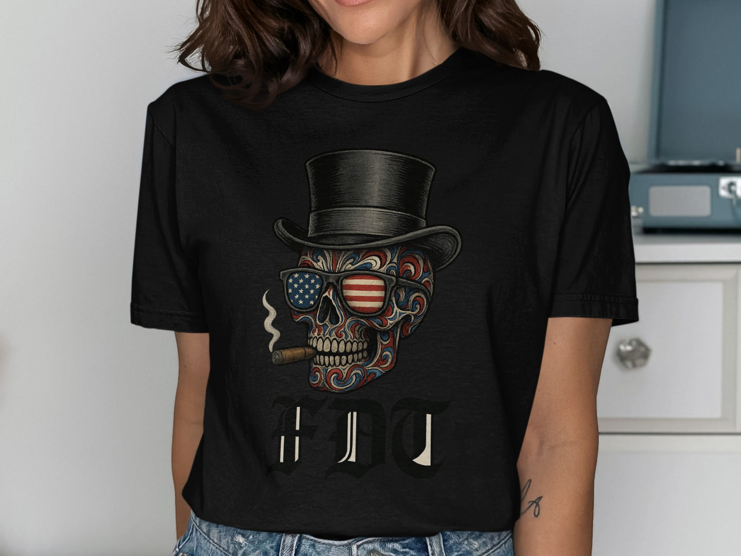 Patriotic Skull Smoking Cigar Cool Graphic Shirt product