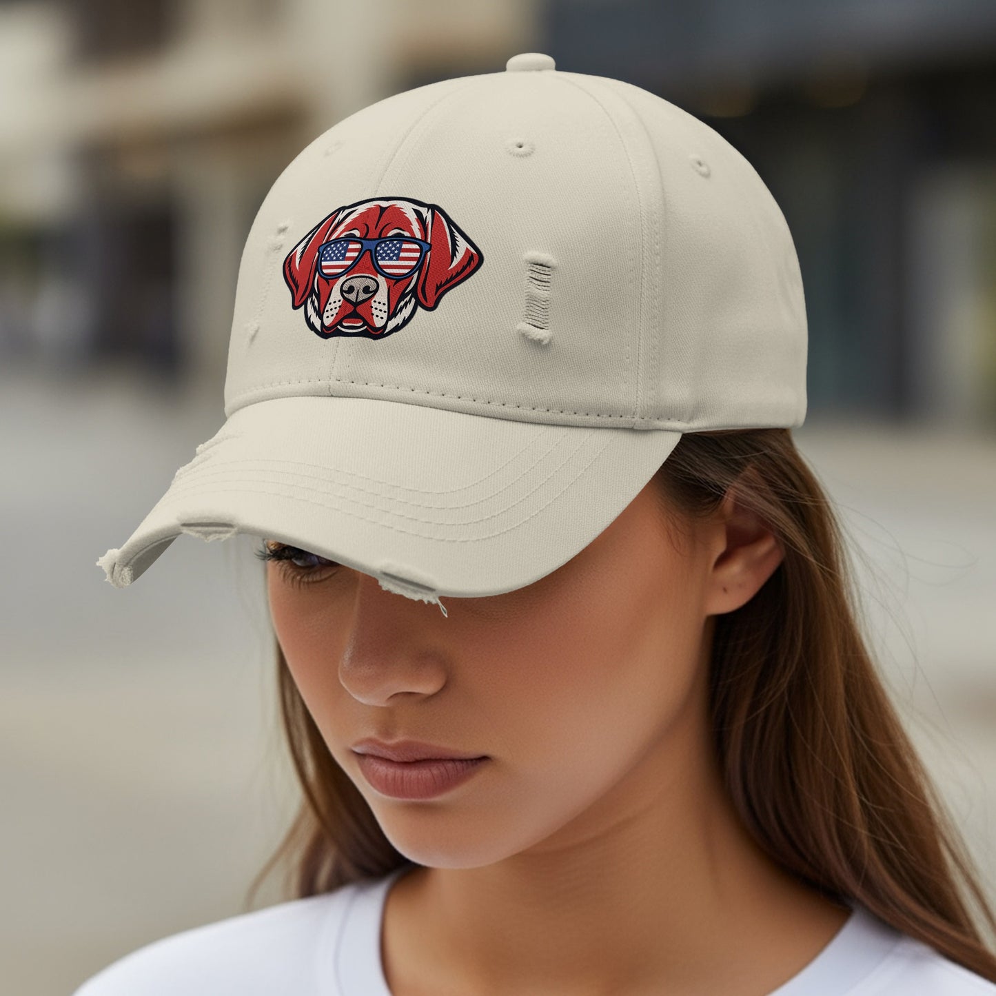 Stylish Distressed Cap with Embroidered Dog Design Hat