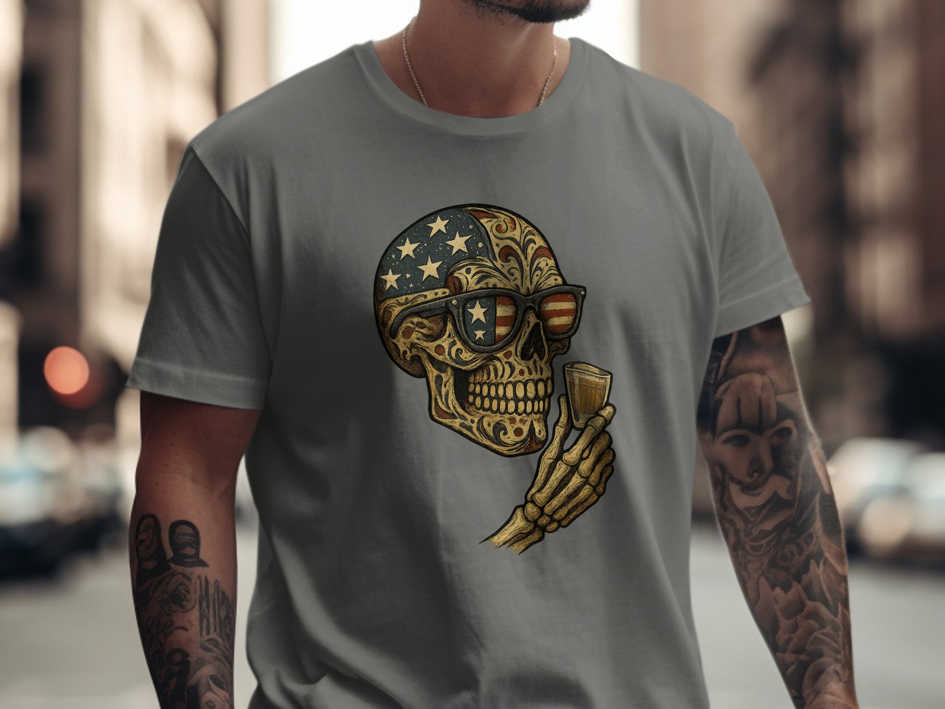 Skull with American Flag Sunglasses T-shirt product type