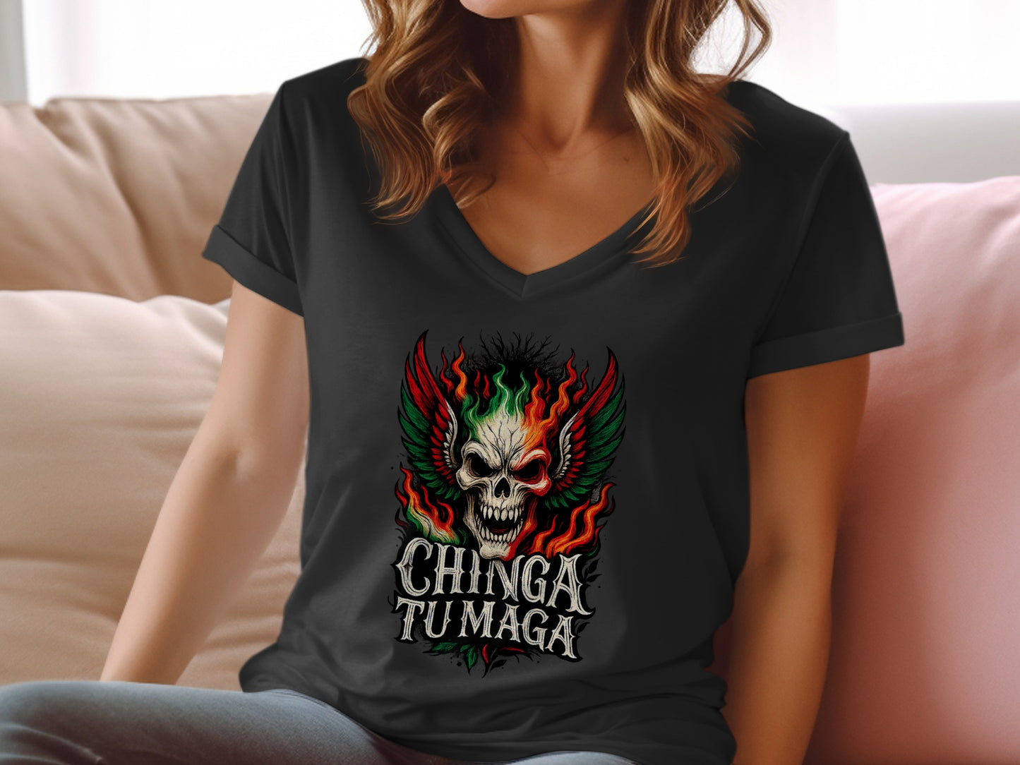 Chinga Tu Maga Skull With Flames Design Shirt product