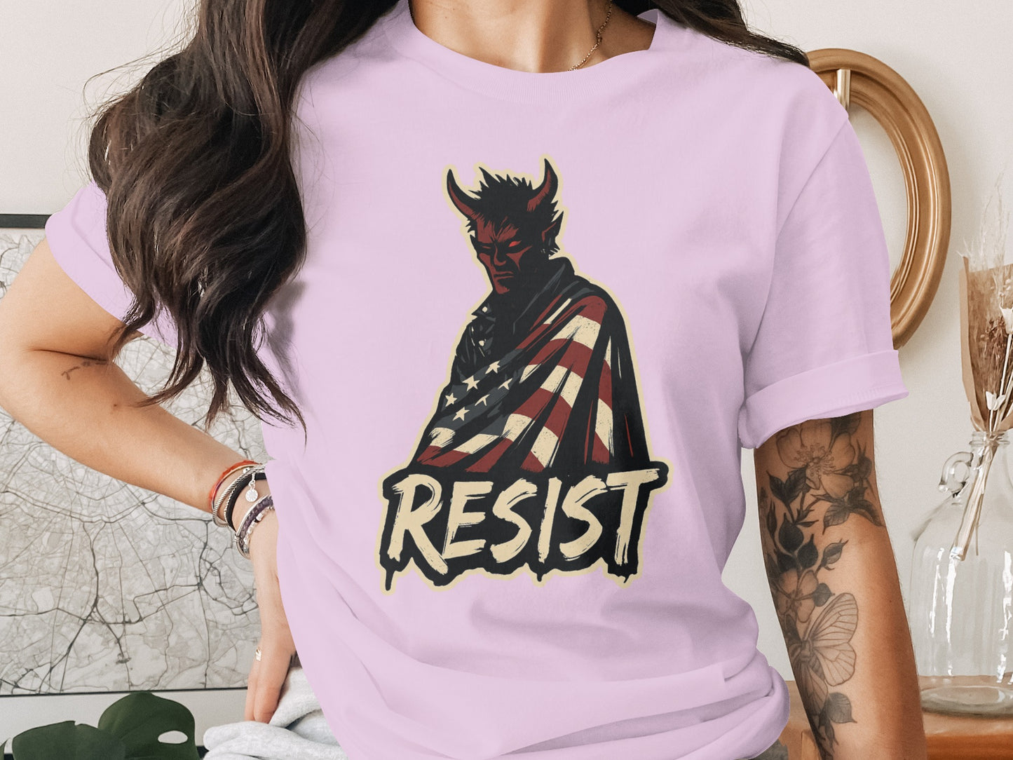 Resist Devil Holding Flag Graphic Tee Shirt product