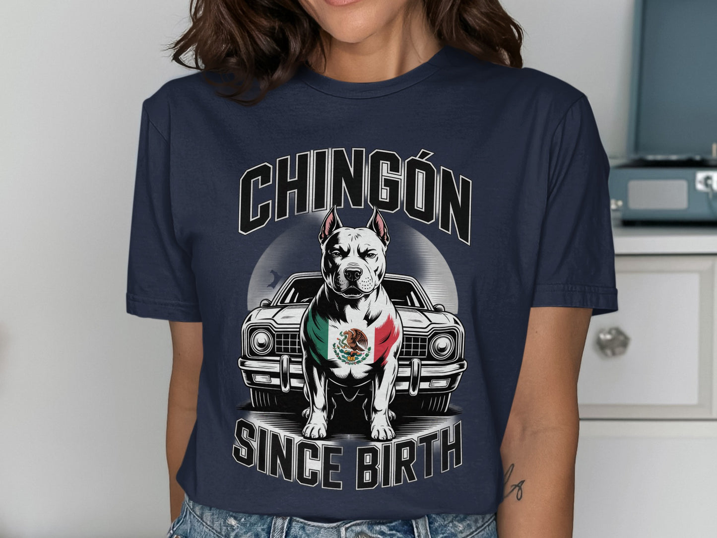 Chingón Since Birth Dog with Car Graphic T Shirt Product