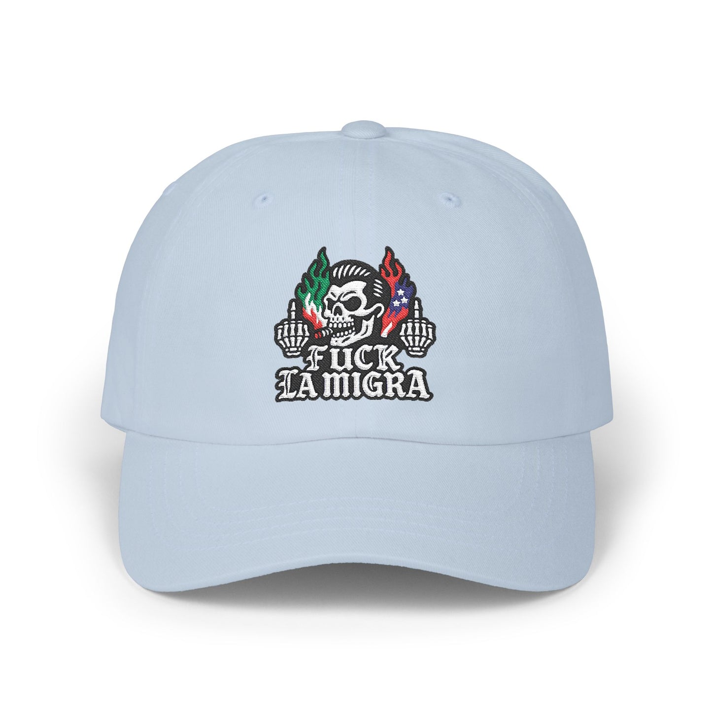 Fuck La Migra Anti Trump Embroidered Hat, FDT, Chinga Tu Maga Classic Dad Cap with Skull Design, Adjustable Hat for Casual Wear, Unique Gift for Dads, Birthday, or Holiday Use