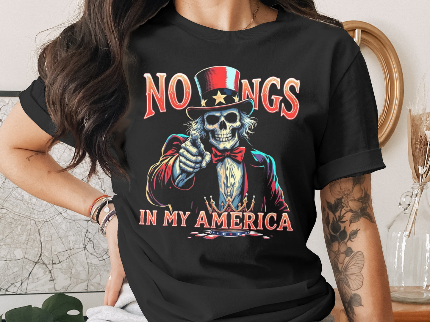 No Kings in My America Skull Graphic Shirt product