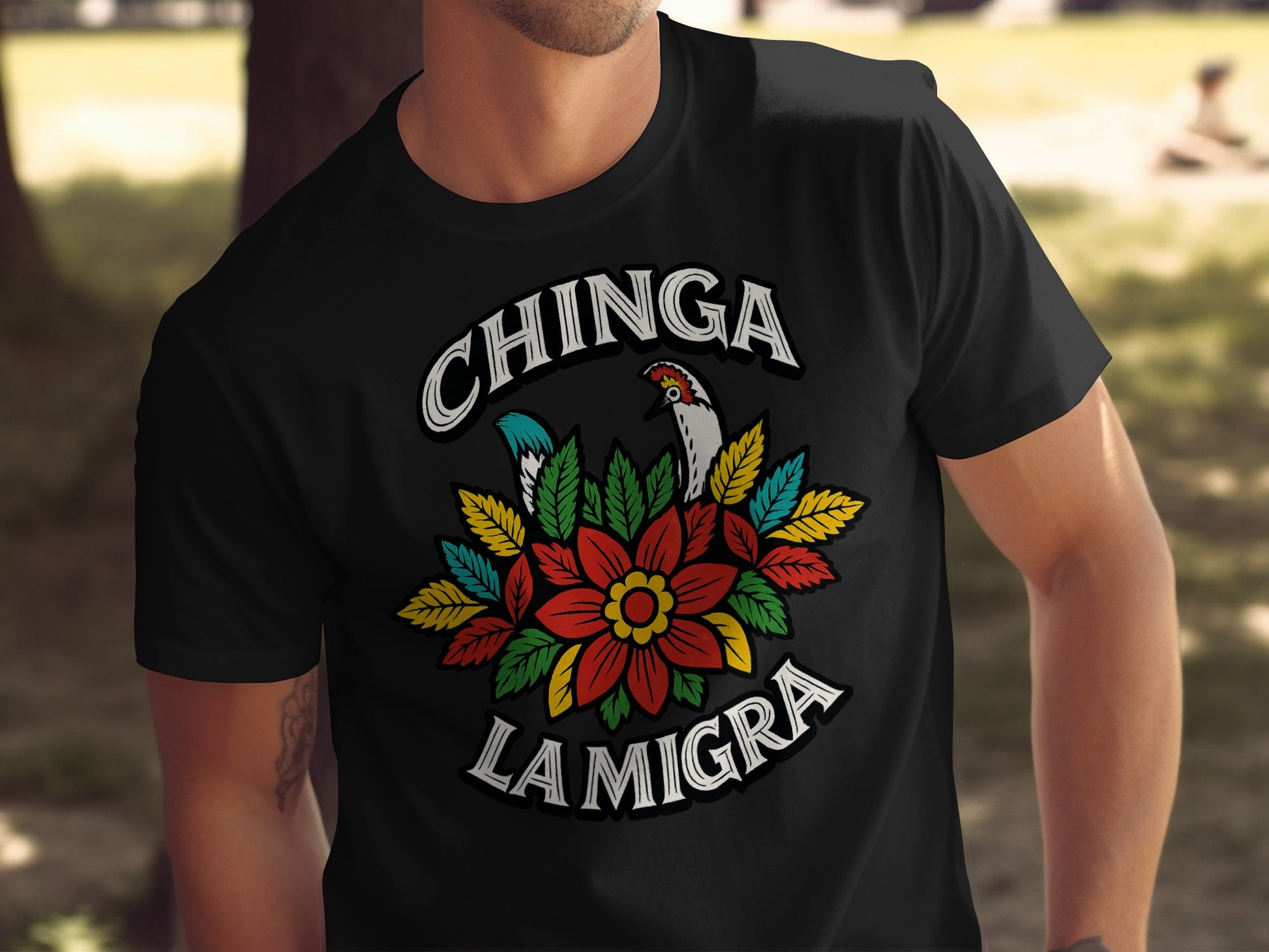 Chinga La Migra Colorful Floral Design Black Shirt Product