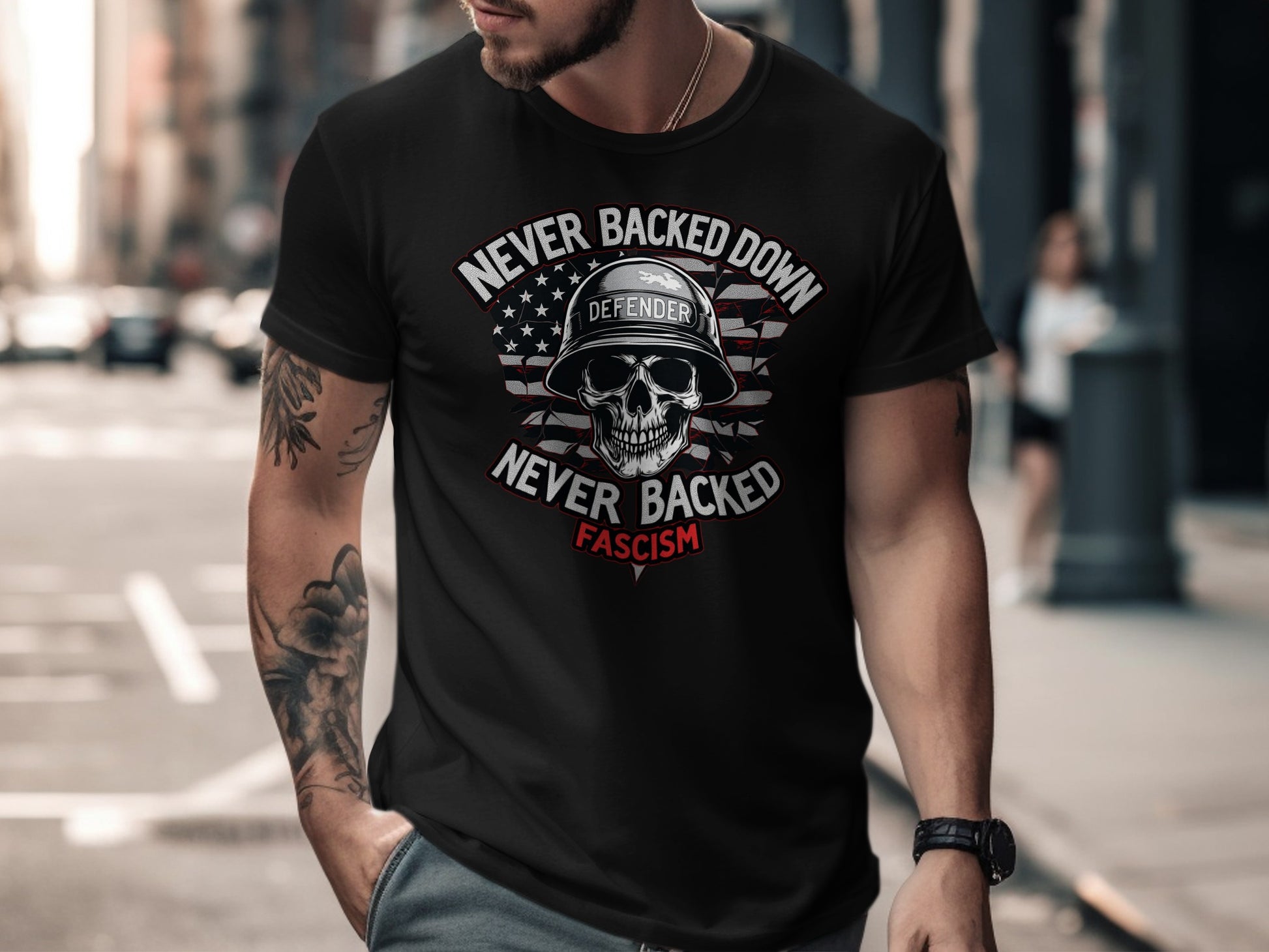 Never Backed Down Skull Design Statement Tshirt