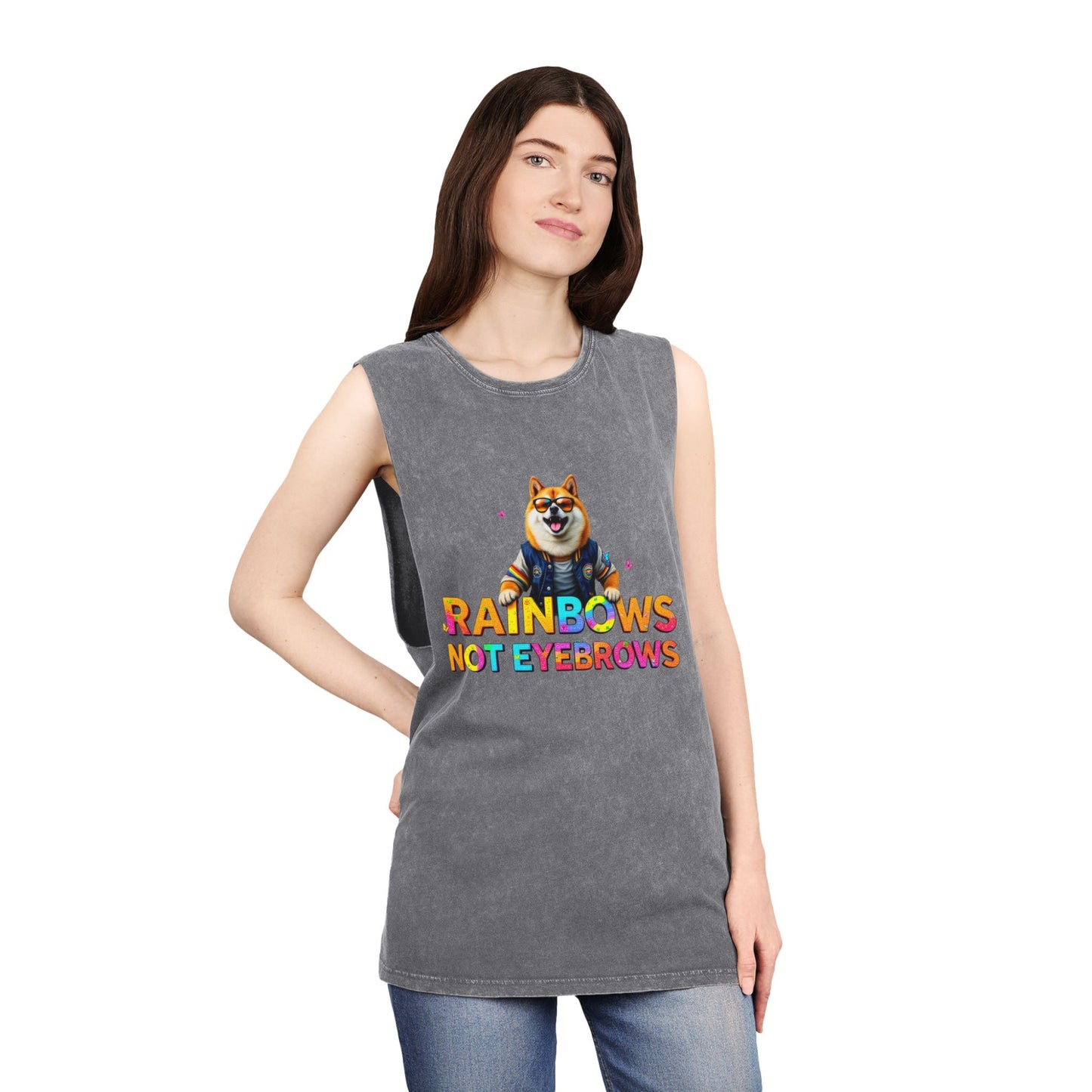 Unisex Stonewash Tank Top - 'Rainbows Not Eyebrows' Graphic Tee