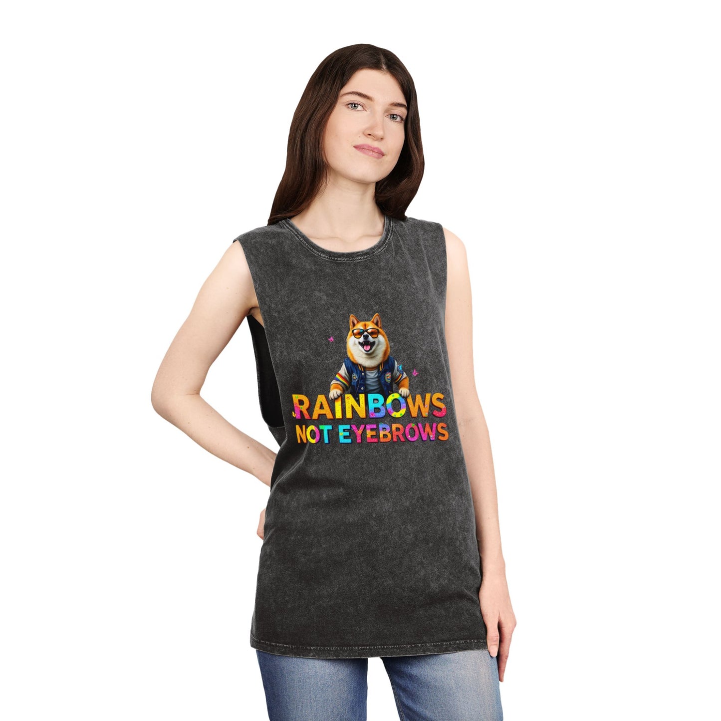 Unisex Stonewash Tank Top - 'Rainbows Not Eyebrows' Graphic Tee